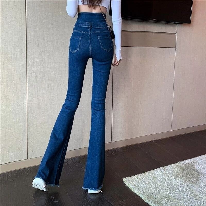 Single Breasted High Waist Flare Jeans for Women Autumn High Street Slim Boot Cut Denim Pants Ladies Fishtail 4 Button Jeans