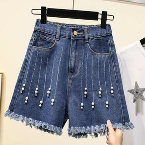 Fashion Women Denim Shorts Beaded Raw-Edge A-Line Wide-Leg