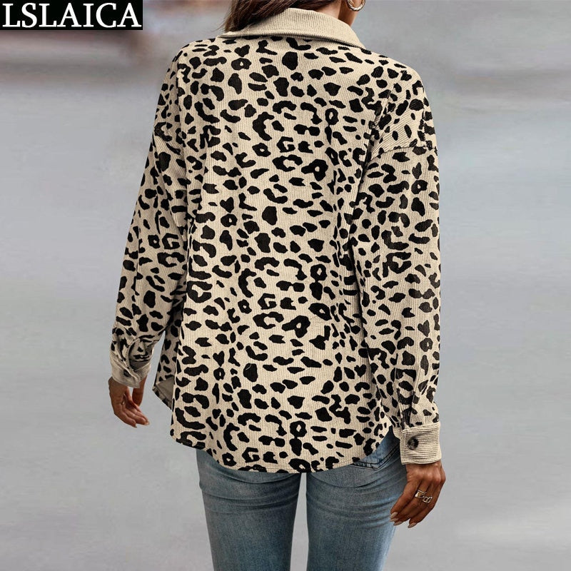 Jackets For Women 2022 Fashion Style Long Sleeve Leopard Print Corduroy Coats Luxury Streetwear Female Clothings Winter Elegant