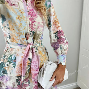 BOHO INSPIRED MULTICOLORED FLORAL PRINT summer DRESS women buttons down belted long sleeve woman dress new elegant ladies dress