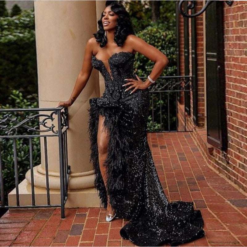 Black Sexy Sweetheart Sequined Strapless Prom Dresses Feather High Split Mermaid Evening Dress South African Party Dress