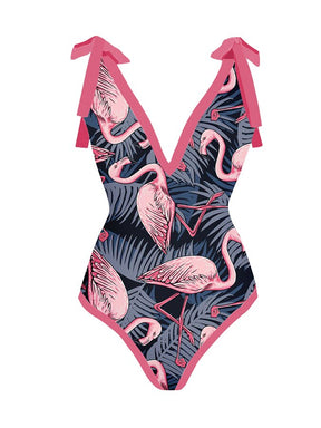 Female Retro Swimsuit Flamingo Print Skirt Holiday Beach Dress Designer Bathing Suit Summer Surf Wear