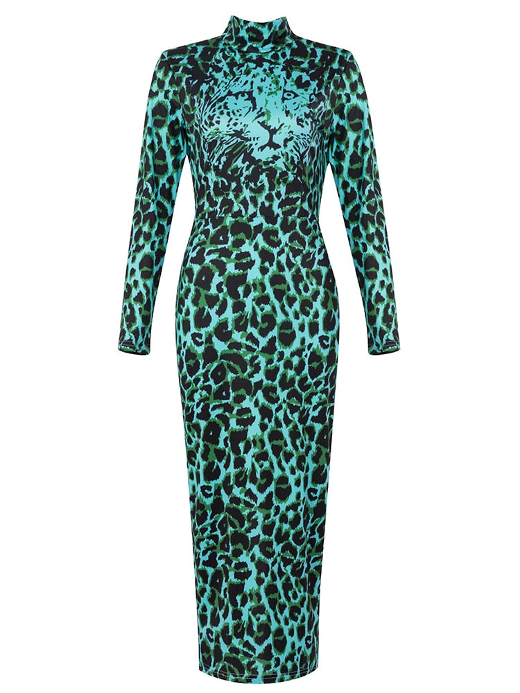 Sexy Half High Collar Leopard Print Midi Bodycon Dress Elegant Women Long Sleeve Split Slim Dress Nightclub Party Evening Dress