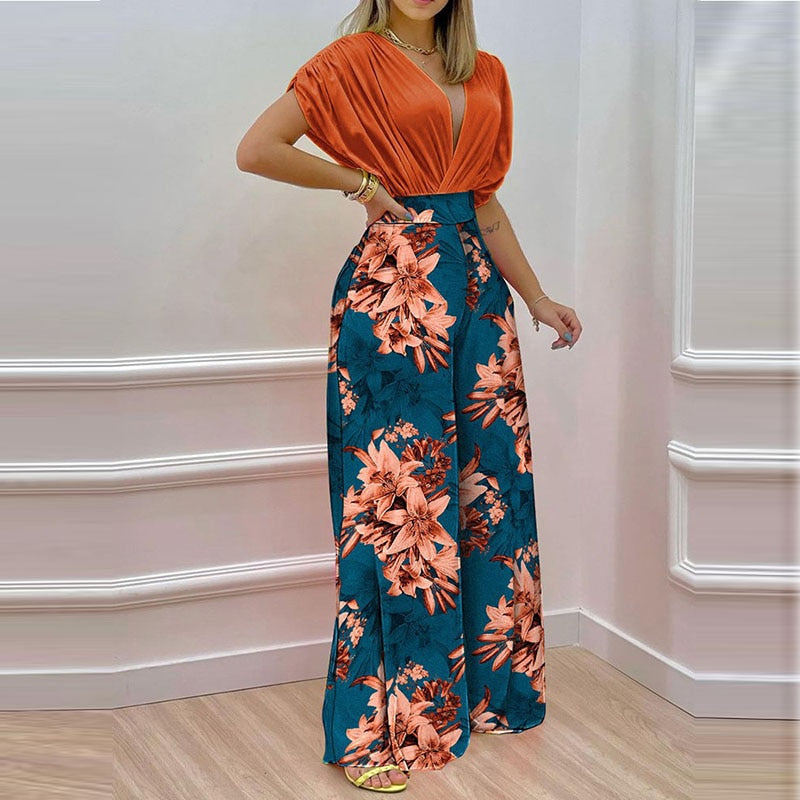 Matching Set  Length Loose Outfits Summer Pullover Tops Wide Leg Pants Print Suit