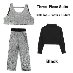 Girls Hip Hop Crop Top Sequins Silver Pants Clothes Sets Kids Jazz Vest Outfit Child Streetwear Teens Street Dance Stage Costume