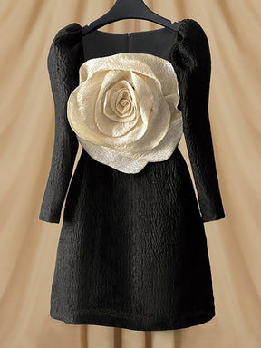 Evening Dress Square Collar Long Sleeve Spliced Flower Waist Black Mini