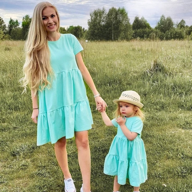 Mommy and Daughter Matching Clothes Short Sleeve Solid Color Mother and Daughter Dress Casual Family Matching Outfits