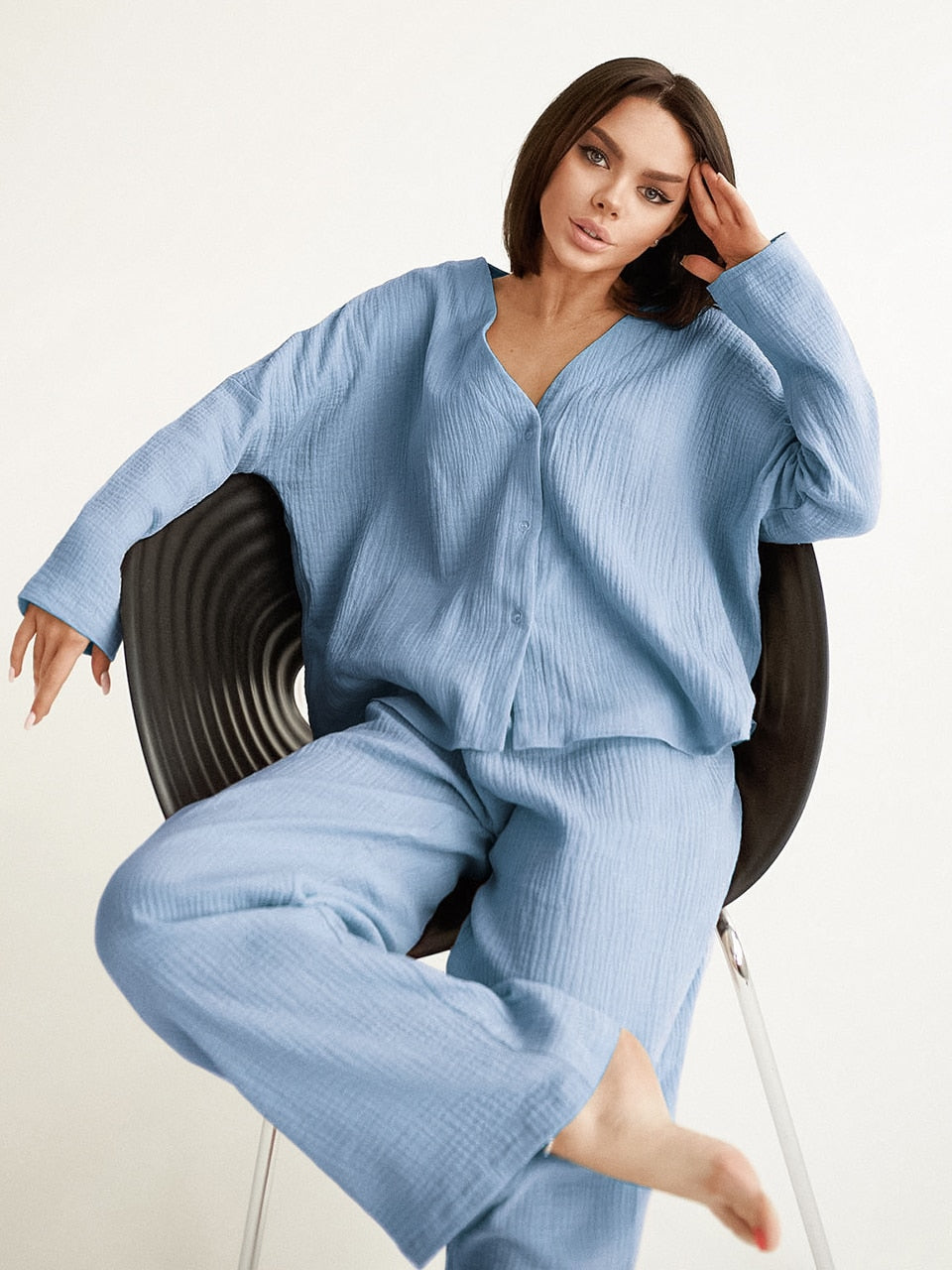 Pure Cotton Sleepwear V Neck Single Breasted Wide Leg Pants Trouser Suits Drop Sleeves Set Woman 2 Pieces Loungewear