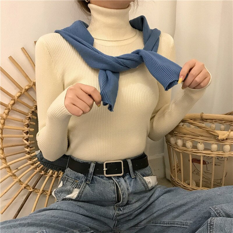 Solid Color Knitted Sweater Women Autumn Turtleneck Long Sleeve Top Pullover Ribbed Knitted Casual Soft Warm Ribbed Pull Femme