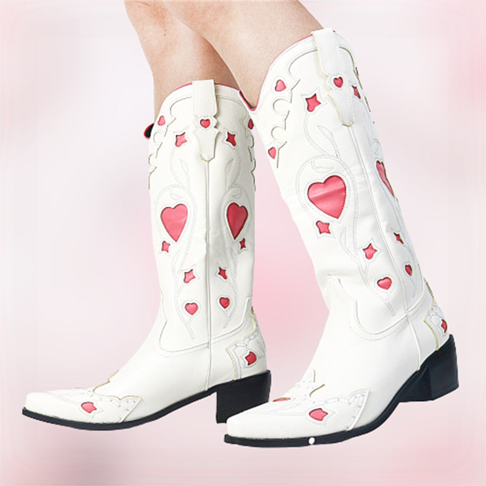 Hot Vintage Cowboy Cowgirl Boots Women Chunky Heels Heart Sweet Autumn Winter Western Mid Calf Boots Shoes Woman Big Size 48