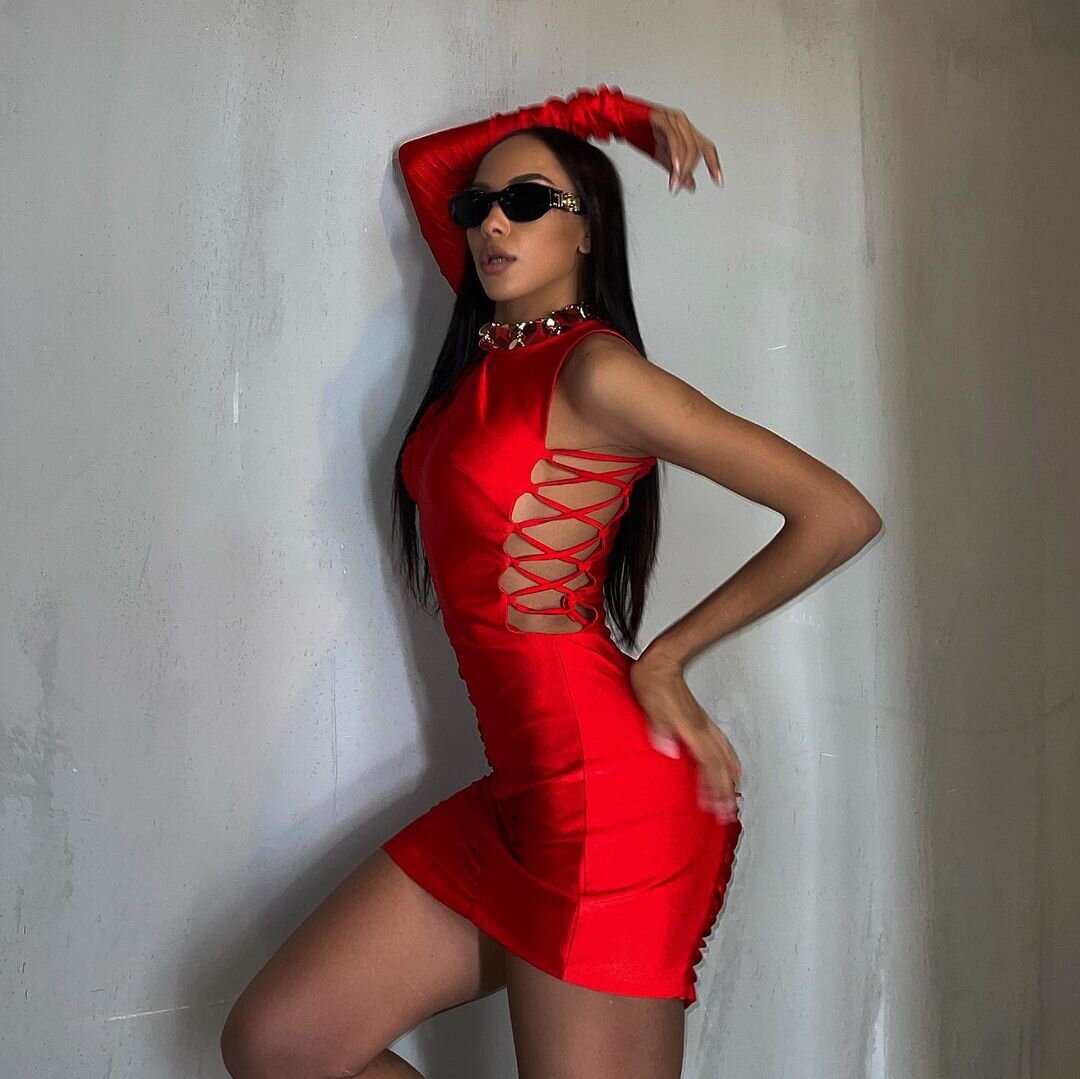 Women Long Sleeve Sexy Laced-up Bodycon Mini Dress Bandage One Shoulder Celebrity Red Carpet Dress