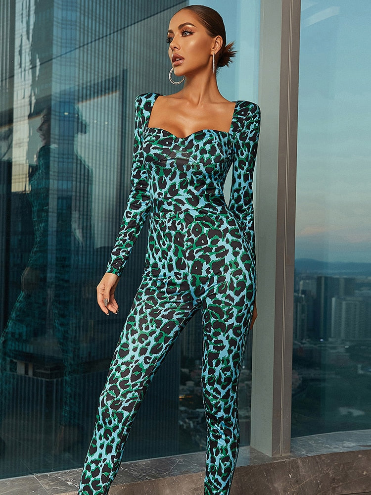 Sexy V Neck Long Sleeve Leopard Print Bodycon Bodysuit Elegant Backless Long Pant Slim Jumpsuit Nightclub Party Sweatsuit Club