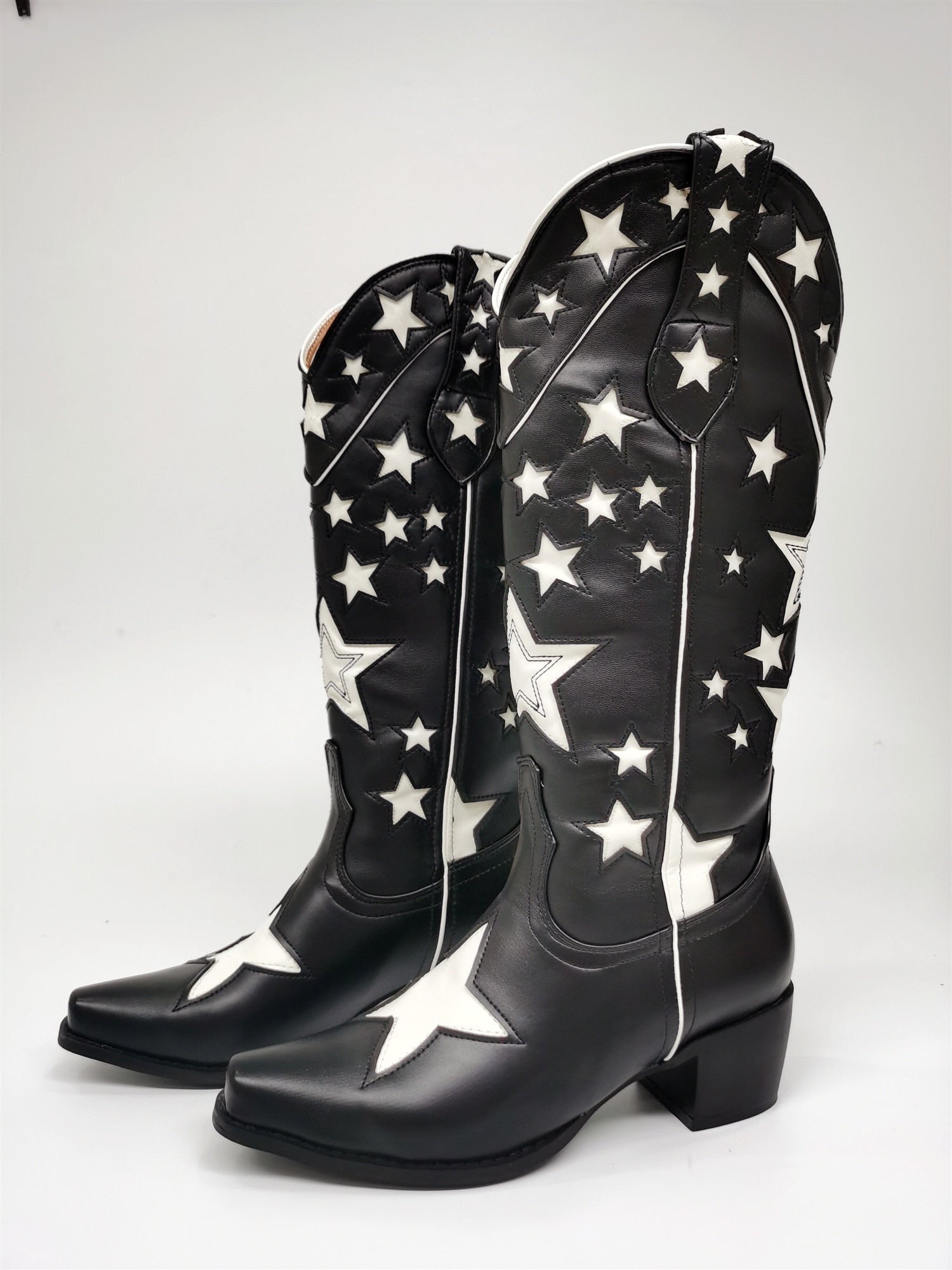 Women Western Boots Embroidered Fashion Chunky Heel Shoes Woman 2022 New Star Design Slip On Cowboy Cowgirl Boots Black Brand