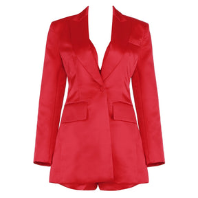 New Trendy Red Three Pieces Suit Sexy V Neck Celebrity Party Satin Blazer Tops Shorts Set