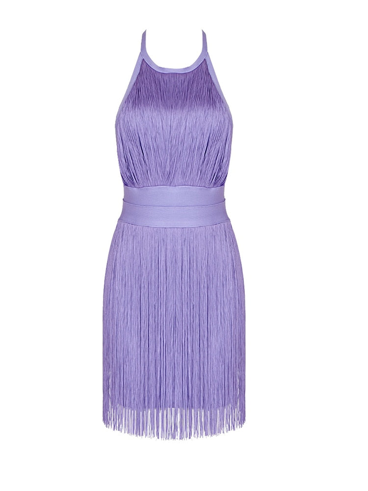 Sexy Halter Backless Tassel Mini Bodycon Bandage Dress Summer Elegant Purple Sleeveless Dress Celebrity Evening Party Club Dress