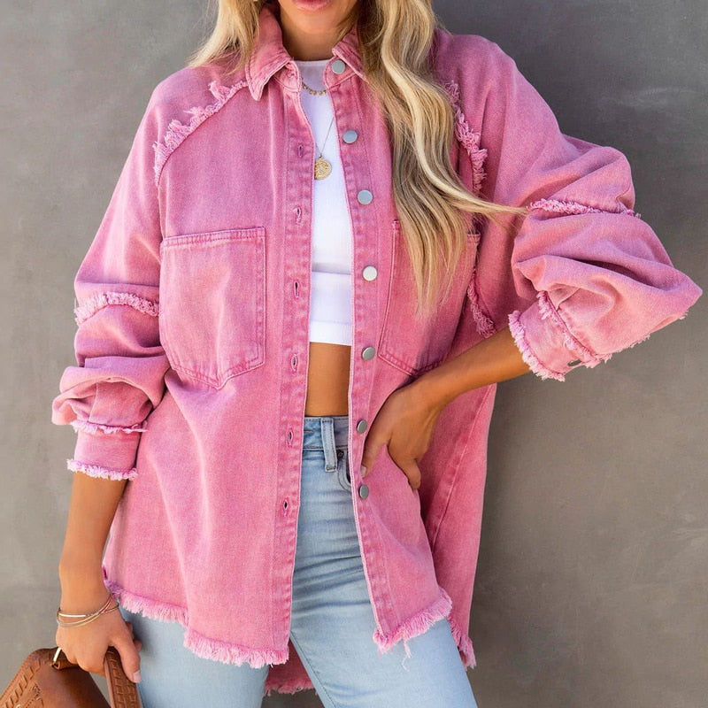 Autumn Women Denim Jacket Solid Color Coat Fashion Winter Elegant Jackets Female Clothing Outerwear Femme Streetwear Loose Coat