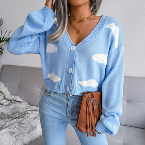 Casual Knitted Sweater Oversize White Cloud Printing Long Cardigan Women Fashion Clothing Streetwear