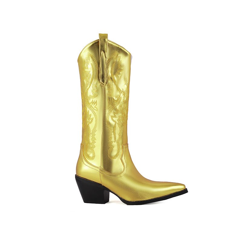 New Western Jeans Totem Boots High Heel Pointed Gold Silver Chelsea Boots Fashion Knee Length Leather
