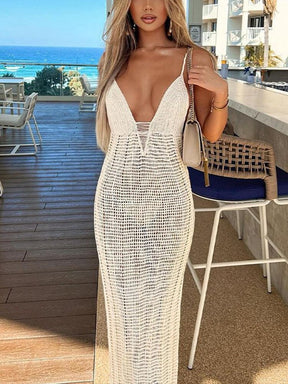 Backless Maxi Dress Summer Women Fashion Spaghetti Strap Knit Beach Dresses 2022 New Female Sexy Long Club Party Dress White