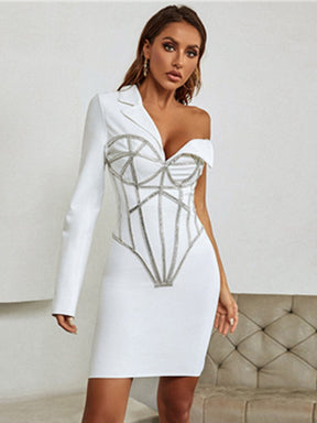 Winter Sexy Long Sleeve Single Beading Sparkly White Mini Women Bodycon Bandage Dress 2022 Elegant Evening Party Dress