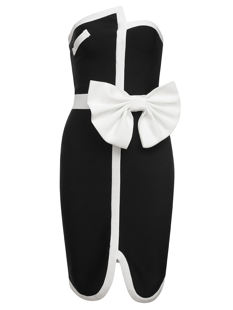 Sexy Strapless Bow Tie Mini Bodycon Bandage Dress Summer Black Stitching TubeTop Slim Dress Elegant Club Celebrity Evening Party