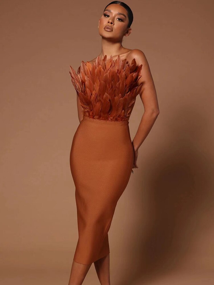 Fashion Women Sexy Strapless Backless Brown Hot Pink Feather Bodycon Bandage Dress  Elegant Evening Club Party Dress