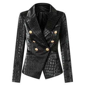 Leather Jacket Crocodile Synthetic Leather 2022 Autumn Lion Head Metal Buttons Double Breasted Suit Blazer Jacket Women