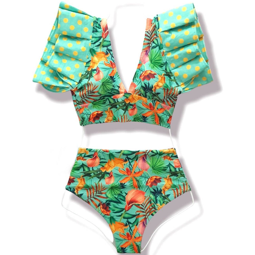 New Sexy High Waist Bikini Sets Ruffle Swimwear Women Swimsuit Print Floral Dots V-neck Beach Wear Bathing Suits biquini