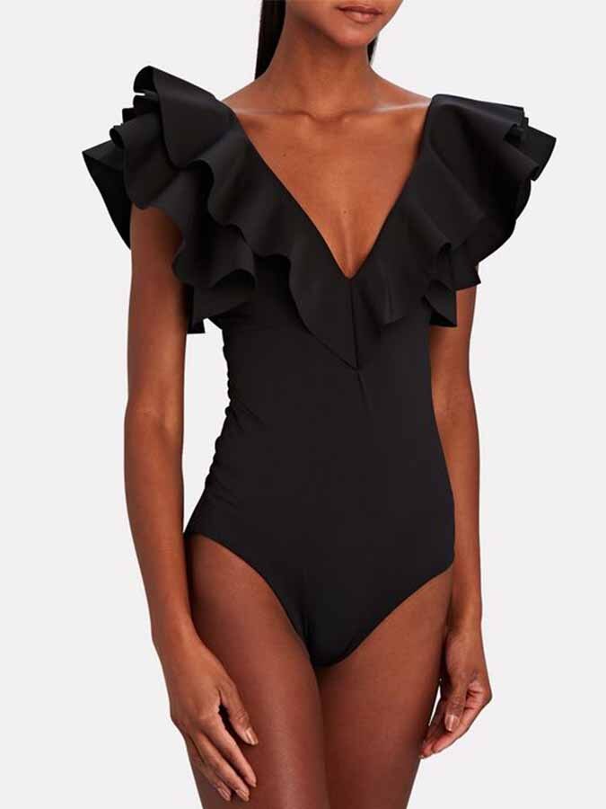 Solid Color Ruffled V-Neck Fashion 2022 New Elegant Backless Holiday One-Piece Swimsuit Slim High Waist Elegant Seamless