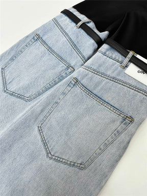 Jeans High Waist Straight Patchwork PU Leather Buckle Streetwear Denim Pants Spring 2023 New Trend