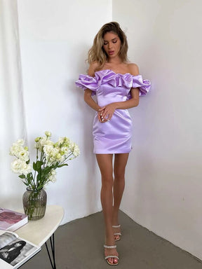 Trendy Purple Mini Dress Sexy Slash Neck Ruffle Design Chic Strapless Celebrity Party Vestido