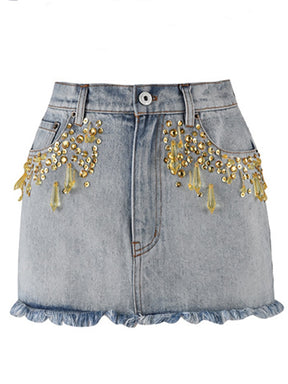 Fashion Women Denim Camisole Spliced Crystal Slim Contrast Color Vest High Wistful Button Burr Skirt