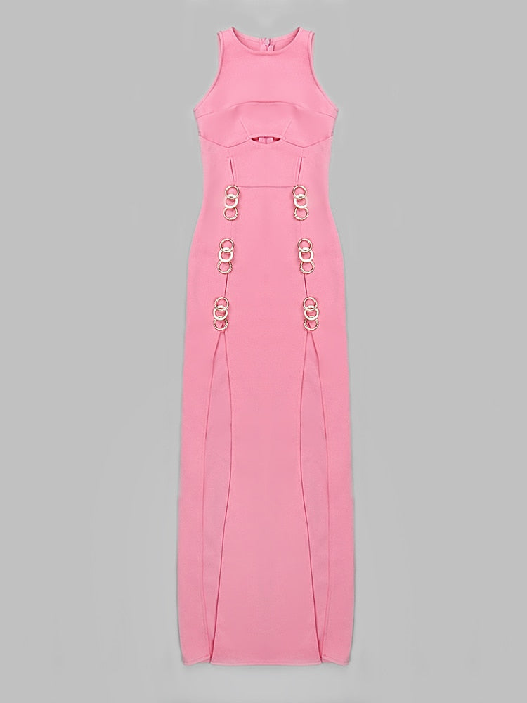 Sexy O-Neck Sleeveless Hollow Long Bandage Dress Elegant Pink Hollow Out Metal Circle Design Bodycon Dress Evening Party Dress