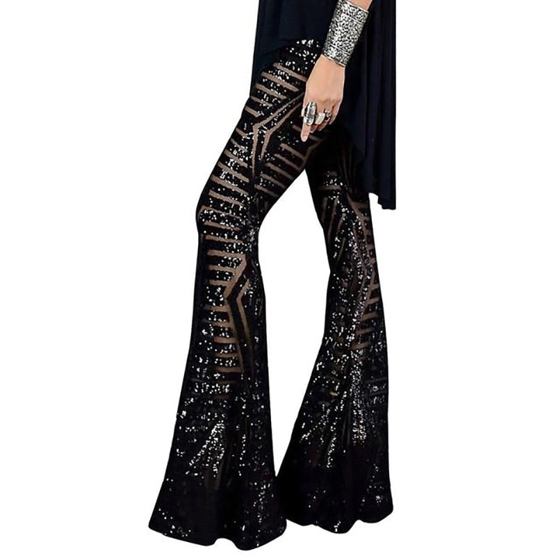 Woman Sequin Trousers Women Sequined Wide Leg Pants Female High Waist Flared Pant Disco Dance Lady Long Pant
