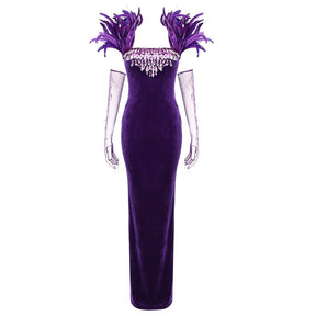 Luxury Evening Party Long Dress Women Elegant Square Neck Feather Crystal Design Purple Velvet Dress With Gloves