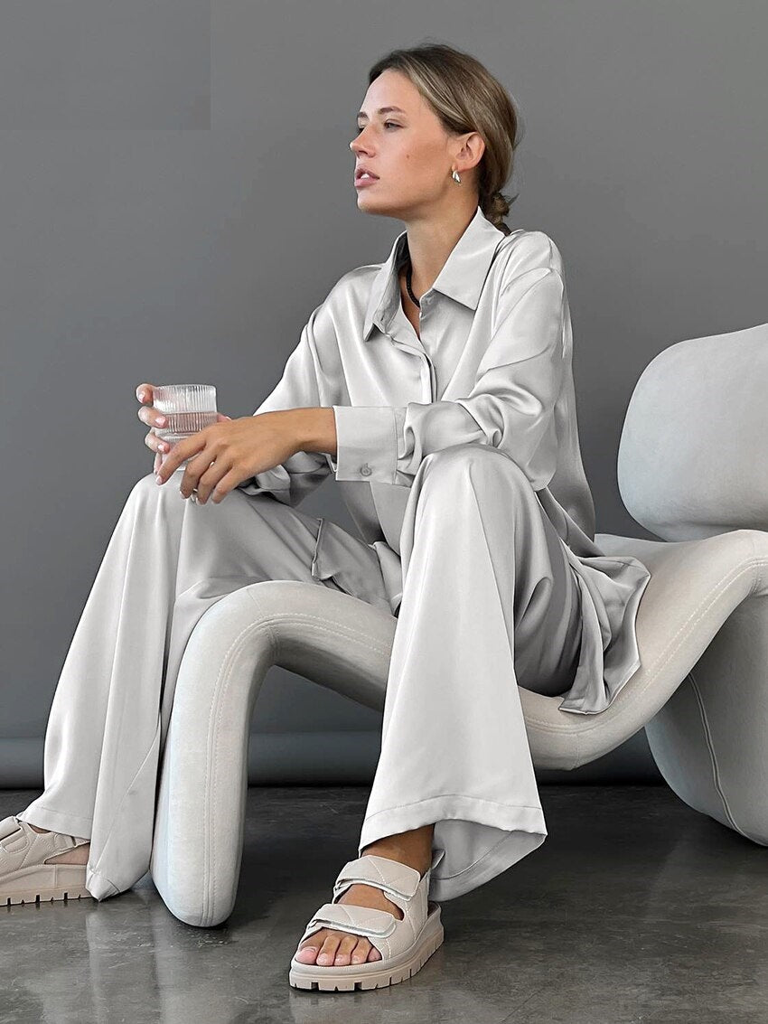 Fashion Gray Satin Pants 2 Piece Sets Women Outfits Elegant  Long Sleeve Office Loose Blouses Winter Wide Leg Pants Suits