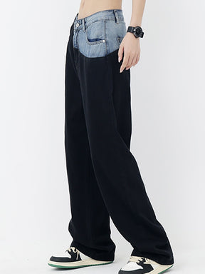 Jeans Patchwork High Waist Loose Pocket Contrast Color Denim Long Pants Spring 2023 New