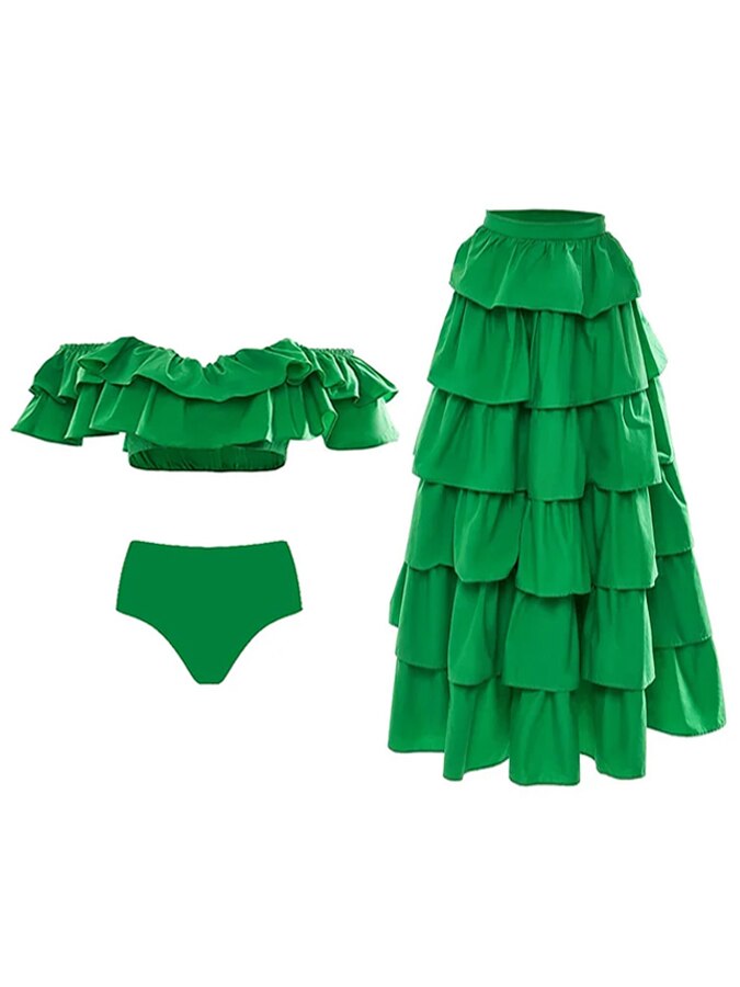 Off Shoulder Ruffle Solid bikini and skirt