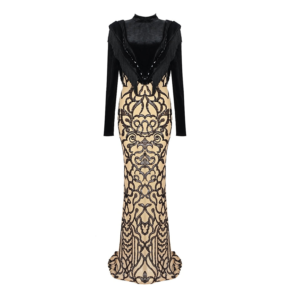 Chic Sequins Tassel Design High-End Cocktail Evening Party Long Dress Jupe Femme