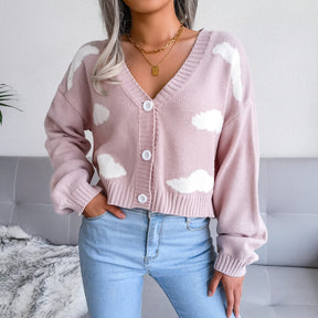 Casual Knitted Sweater Oversize White Cloud Printing Long Cardigan Women Fashion Clothing Streetwear