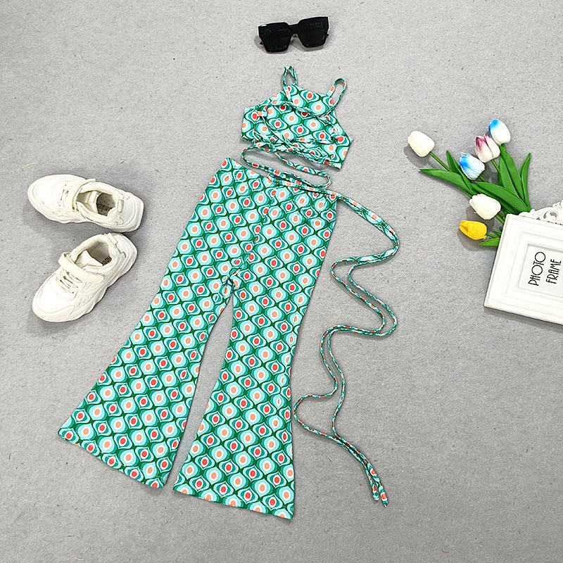 Kids Baby Girls Green Summer Clothes 2pcs/set Sleeveless Belt Tops+Flared Pants Young Children&#39;s Girls Fashion Clothing Suits 8Y