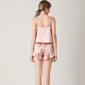Women&#39;s Sexy Silk Satin Ruffled Pajamas Sets Cami Shorts Sleepwear Home Suit