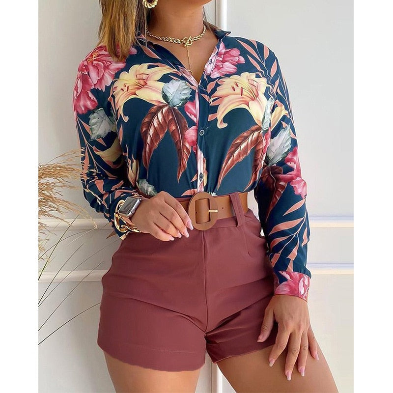 Women Long Sleeve Floral Printed Tie Knot Top Blouse and Shorts Sets Casual Spring Shirts Female
