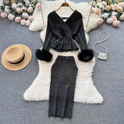 Chic Elegant Glitter Knit Fluffy Two Pieces Sets Ruffle High Waist Sexy Pencil Skirt Furry Puff Long Sleeve Pullover Sweater Set