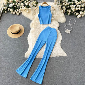 Women Two Pieces Set Sexy Sleeveless Tank Top Vintage Top and High Waist Wide Leg Pants Fashion Sets Casual Summer Femme Clothes