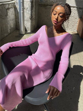 Knitted Bodycon Dress for Women Elegant Lilac Long Sleeve Casual Midi Dress Sexy Backless Party Dresses Vestidos