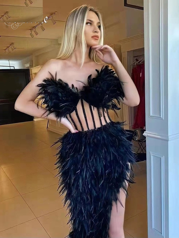 Party Dress Women New Trendy Sexy Strapless Feather Design Black Dress