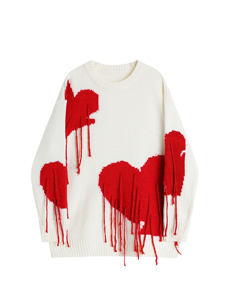 Women Knitted Sweater Autumn Winter Hip Hop Streetwear Heart Tassel Pullover Harajuku Sweater Loose Knitwear Tops