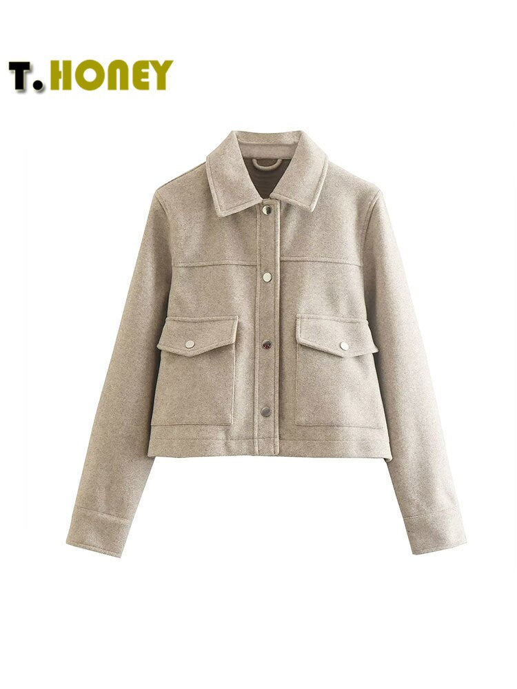 TELLHONEY Women Fashion Solid Single Breasted Cropped Jacket Coats Female Casual Lapel Collar Long Sleeves Woolen Outerwear Tops