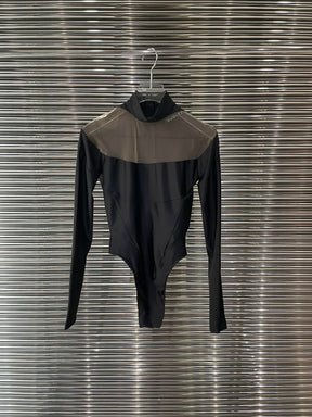 Sexy Mesh See-Through Letter Long Sleeve Slim Black Bodysuit Women